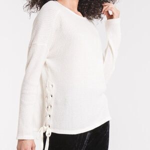 Z Supply Top Women's Thermal Waffle Knit Boho Laced Side Ties Oversized Cozy XS